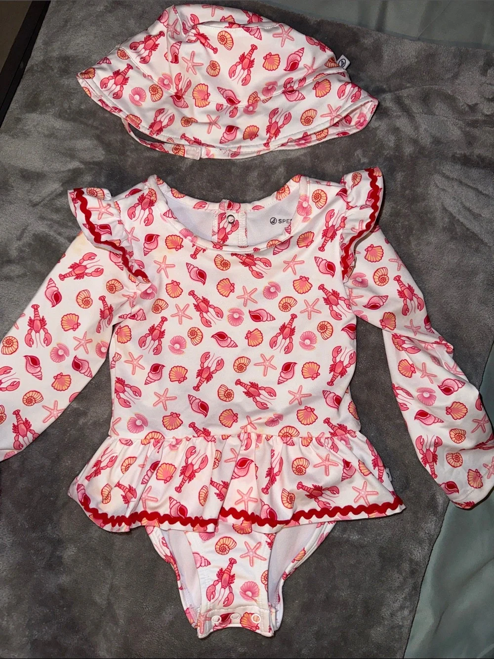 Sperry Pink and Coral Shell-Print Long Sleeve One-Piece Swim with Hat